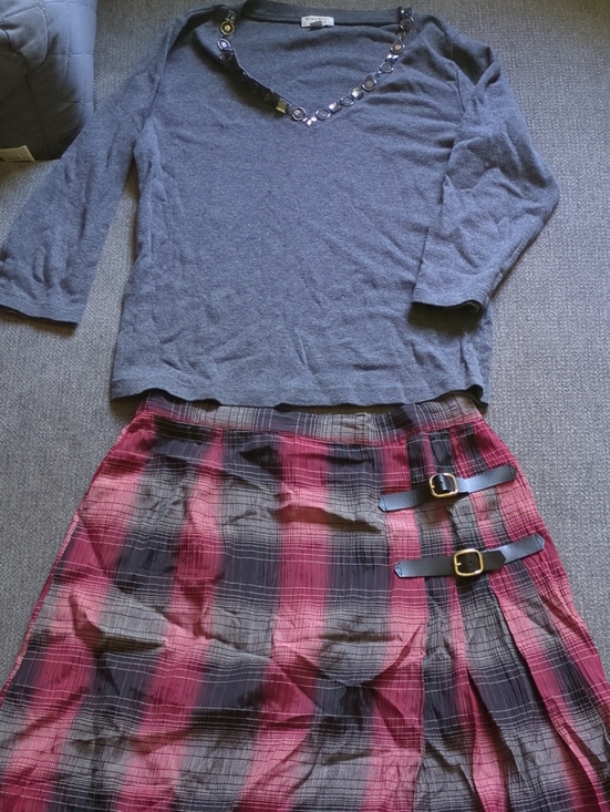 Other - Gray Embellished V-Neck Top with Plaid Skirt